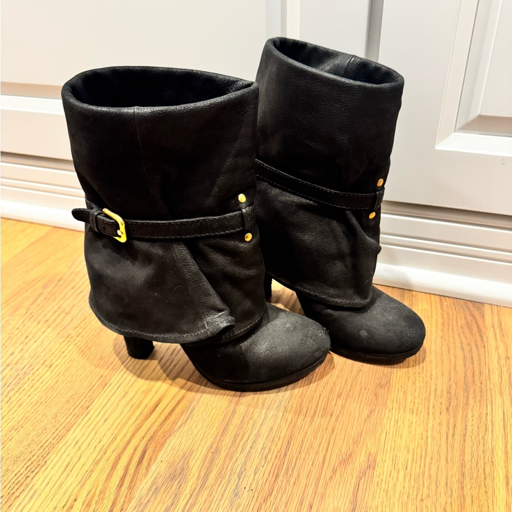 Prada Black Fold-Over Ankle Heeled Boots with Gold Buckle